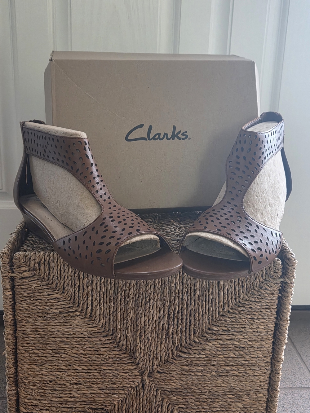 Clarks Tan Perforated Leather Wedge Sandals